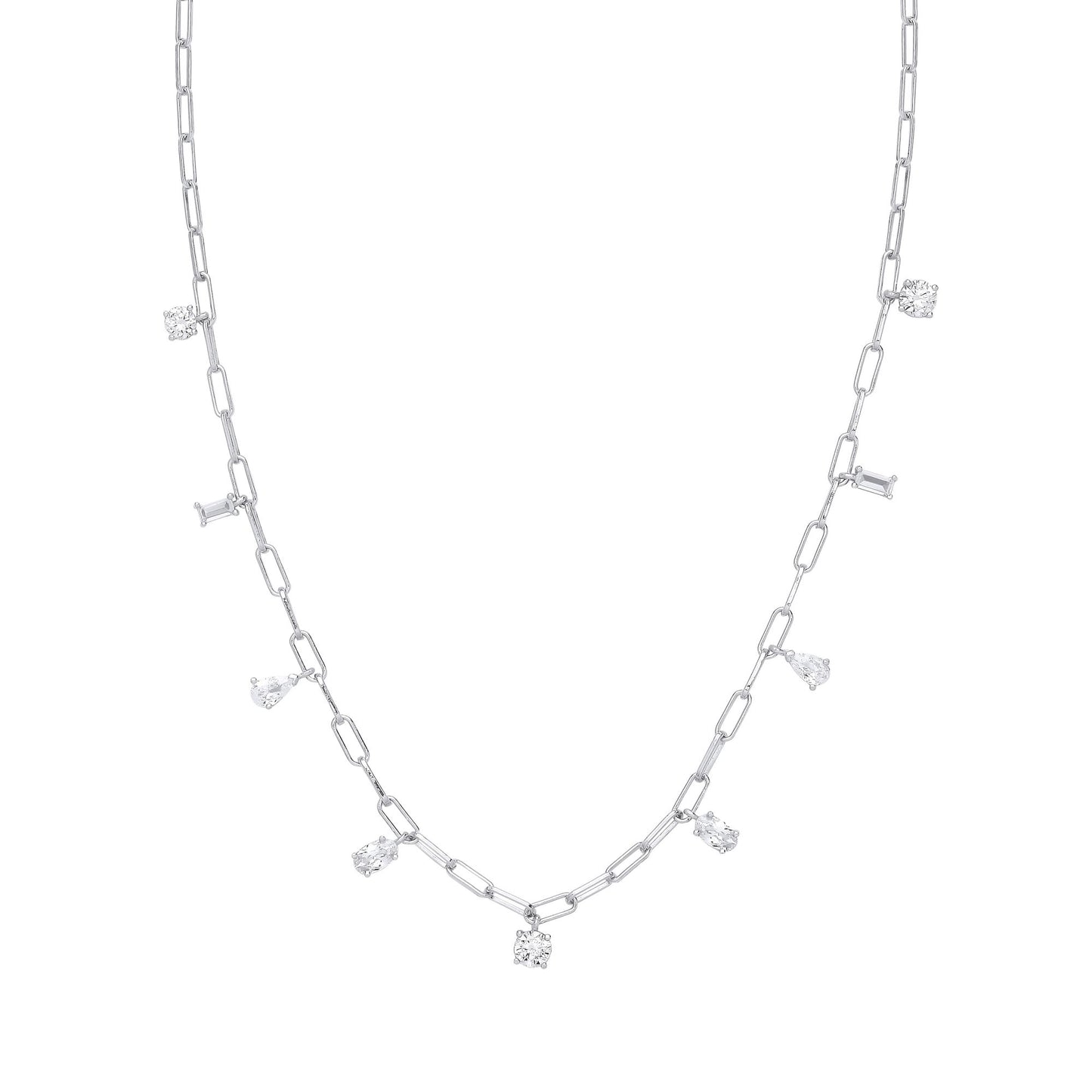 Silver  Oval Pear Emerald CZ Floating Paperclip Necklace 18" - GVK397