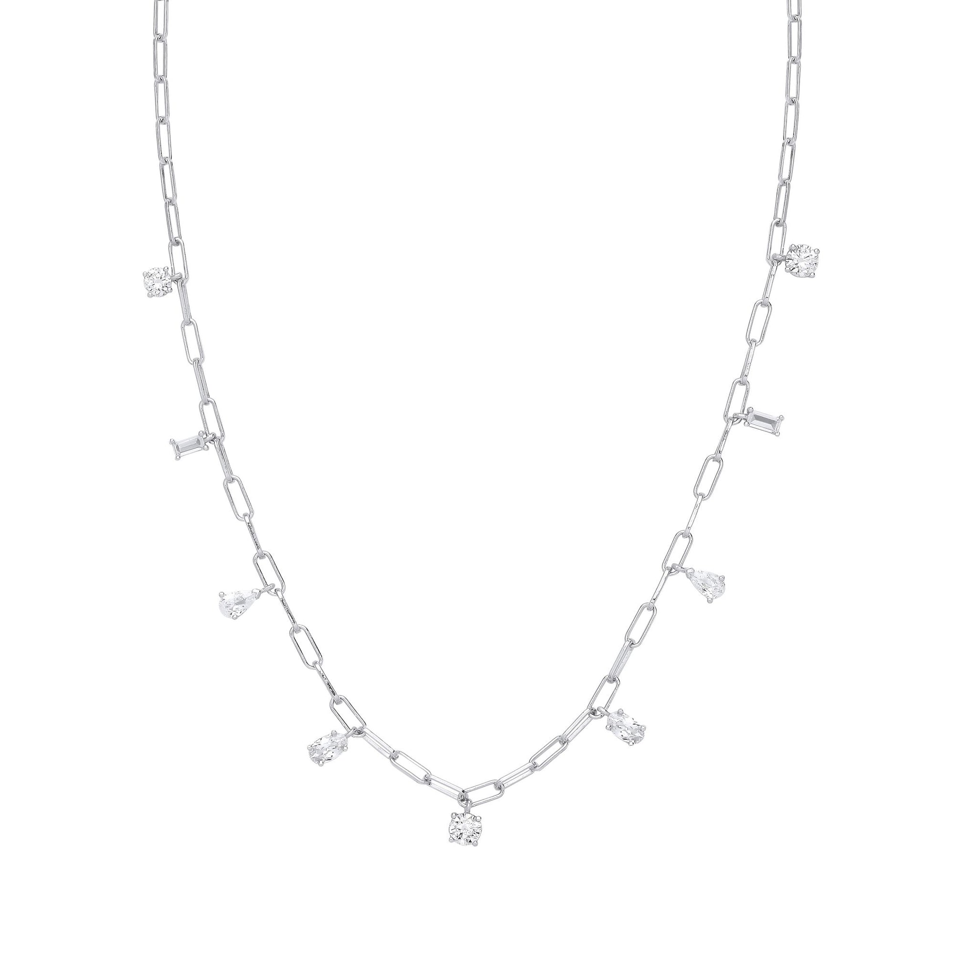 Silver  Oval Pear Emerald CZ Floating Paperclip Necklace 18" - GVK397