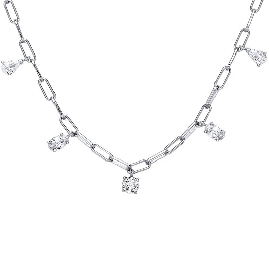 Silver  Oval Pear Emerald CZ Floating Paperclip Necklace 18" - GVK397