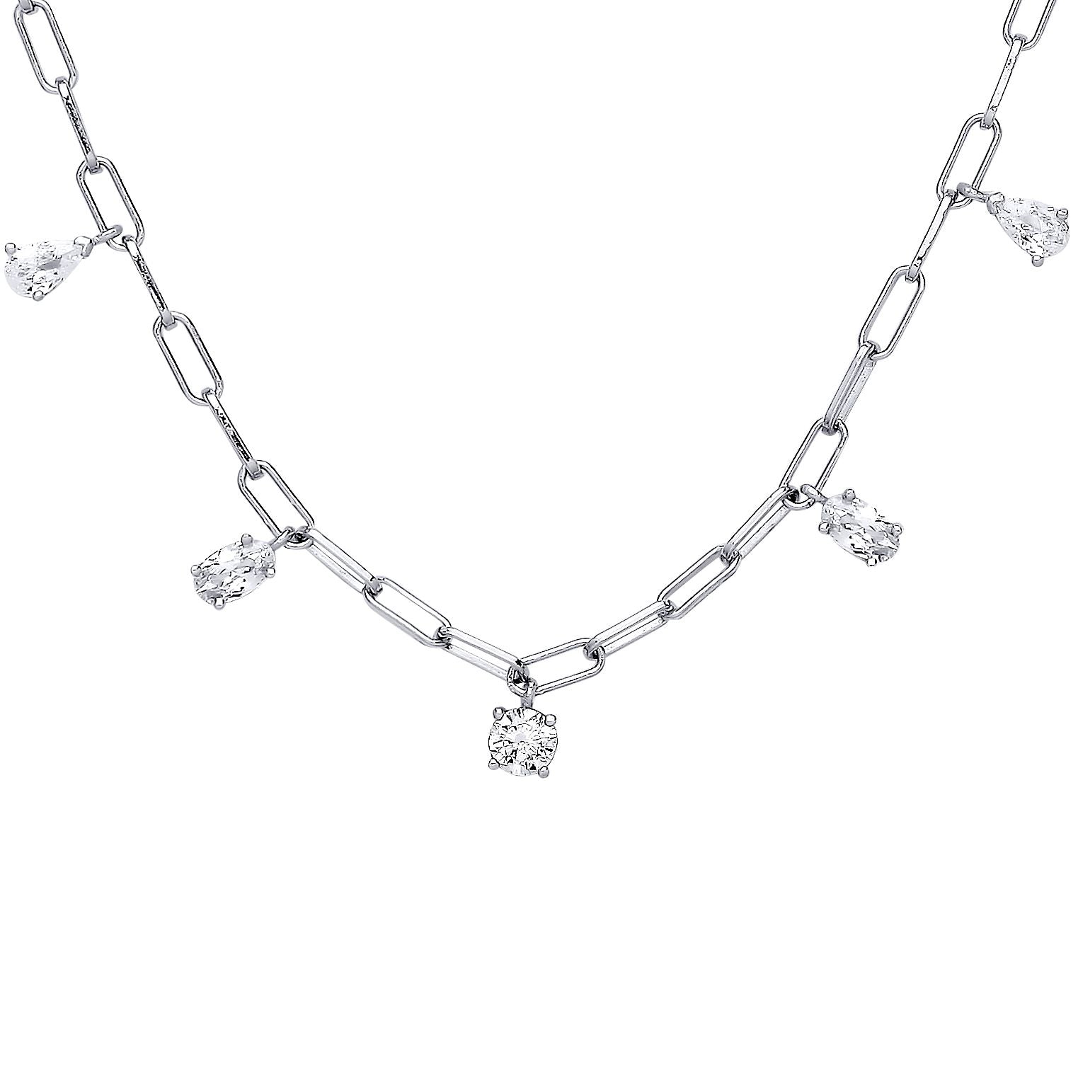 Silver  Oval Pear Emerald CZ Floating Paperclip Necklace 18" - GVK397