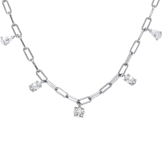 Silver Oval Pear Emerald CZ Floating Paperclip Necklace 18" - GVK397