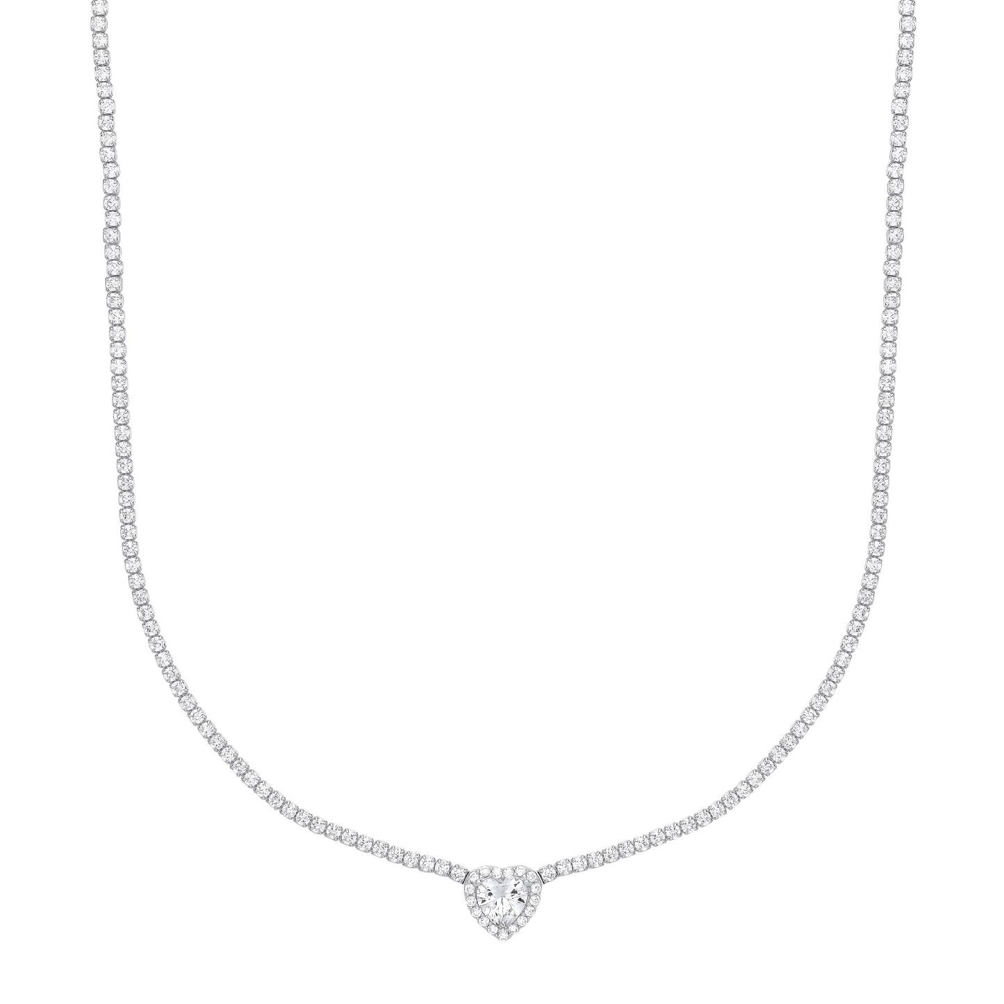 Silver  Heart CZ Love Heart Halo Tennis Necklace 2mm 14 + 2 inch - GVK399