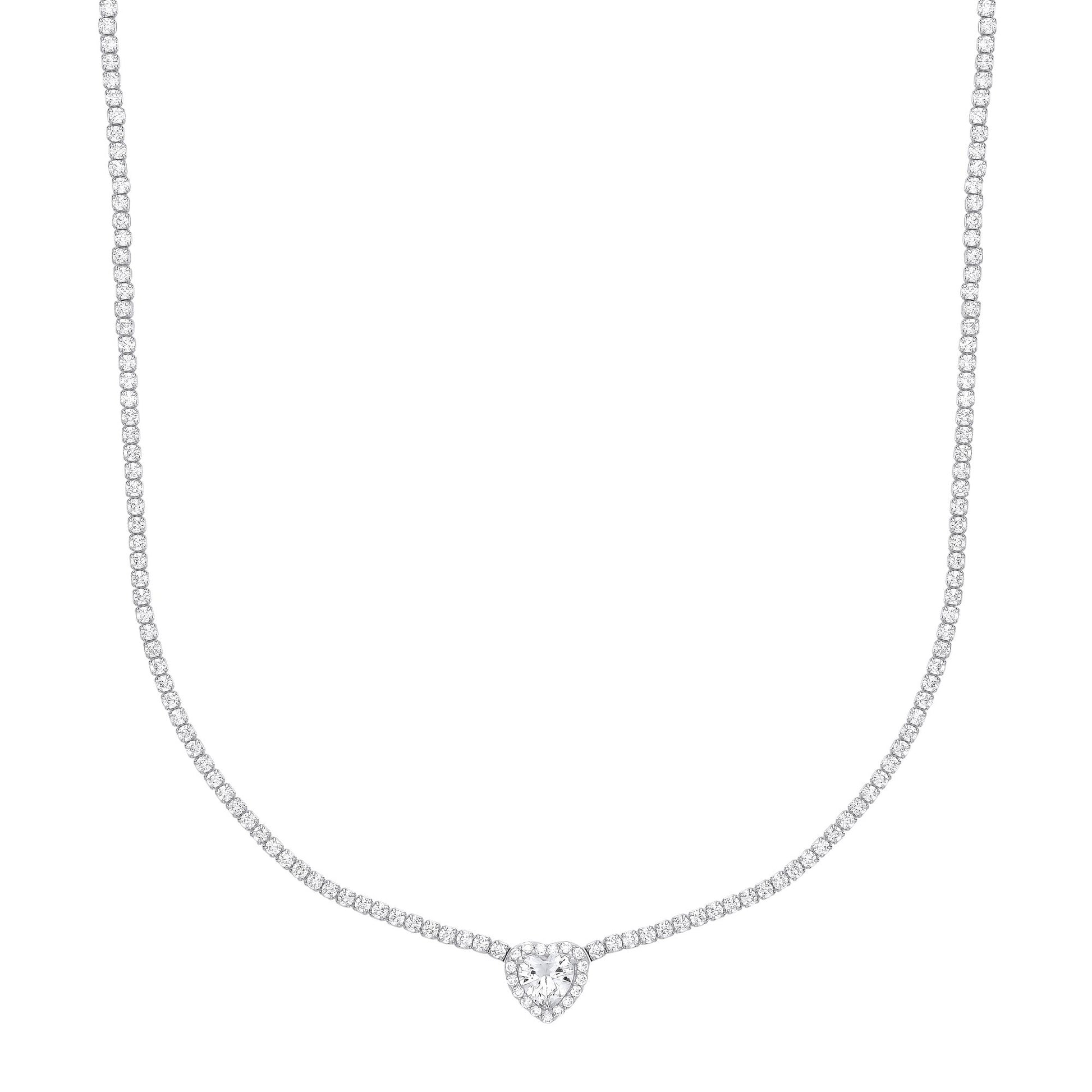 Silver  Heart CZ Love Heart Halo Tennis Necklace 2mm 14 + 2 inch - GVK399