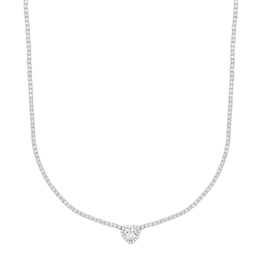 Silver  Heart CZ Love Heart Halo Tennis Necklace 2mm 14 + 2 inch - GVK399