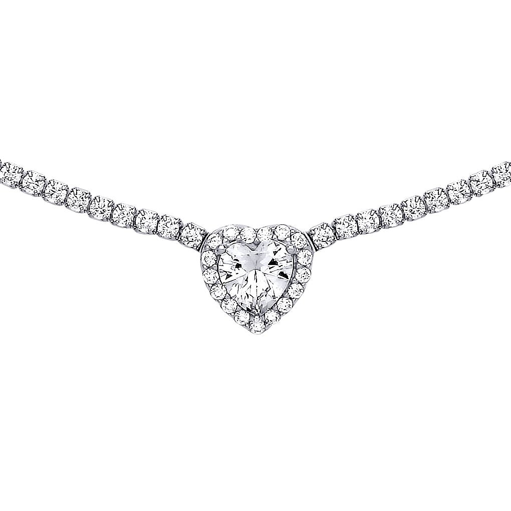 Silver  Heart CZ Love Heart Halo Tennis Necklace 2mm 14 + 2 inch - GVK399