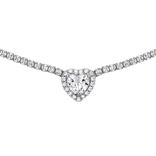Silver  Heart CZ Love Heart Halo Tennis Necklace 2mm 14 + 2 inch - GVK399