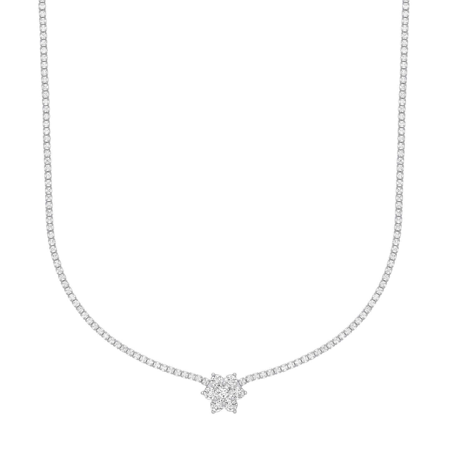 Silver  Flower Cluster Tennis Necklace - GVK400
