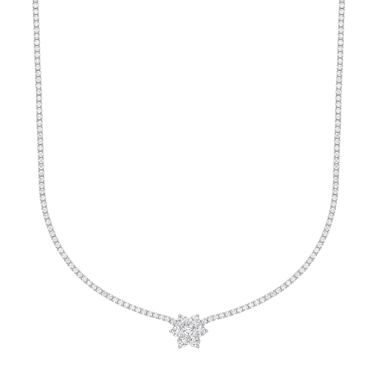 Sterling Silver  CZ Flower Cluster Tennis Necklace 2mm 14 + 2 inch - GVK400