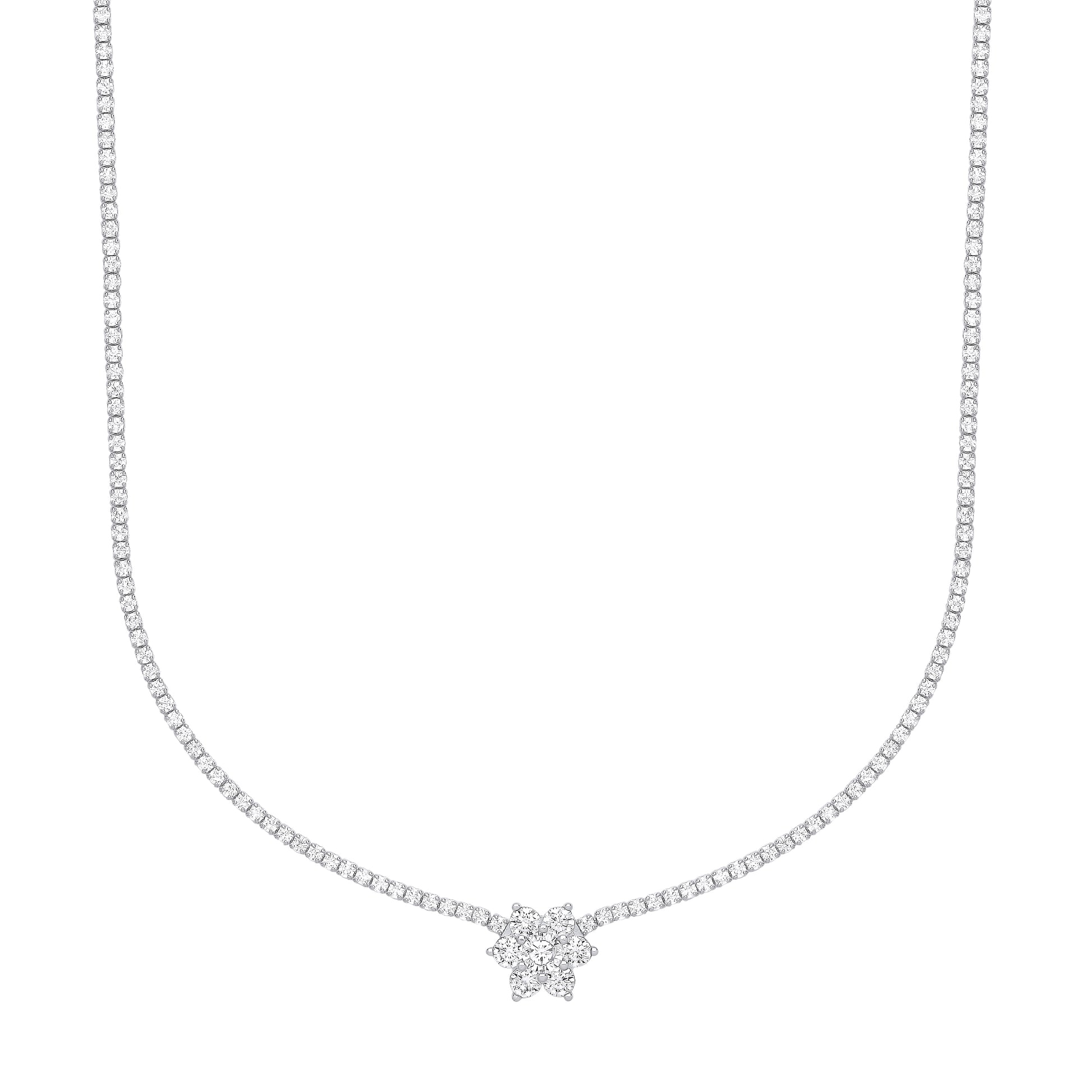 Sterling Silver  CZ Flower Cluster Tennis Necklace 2mm 14 + 2 inch - GVK400