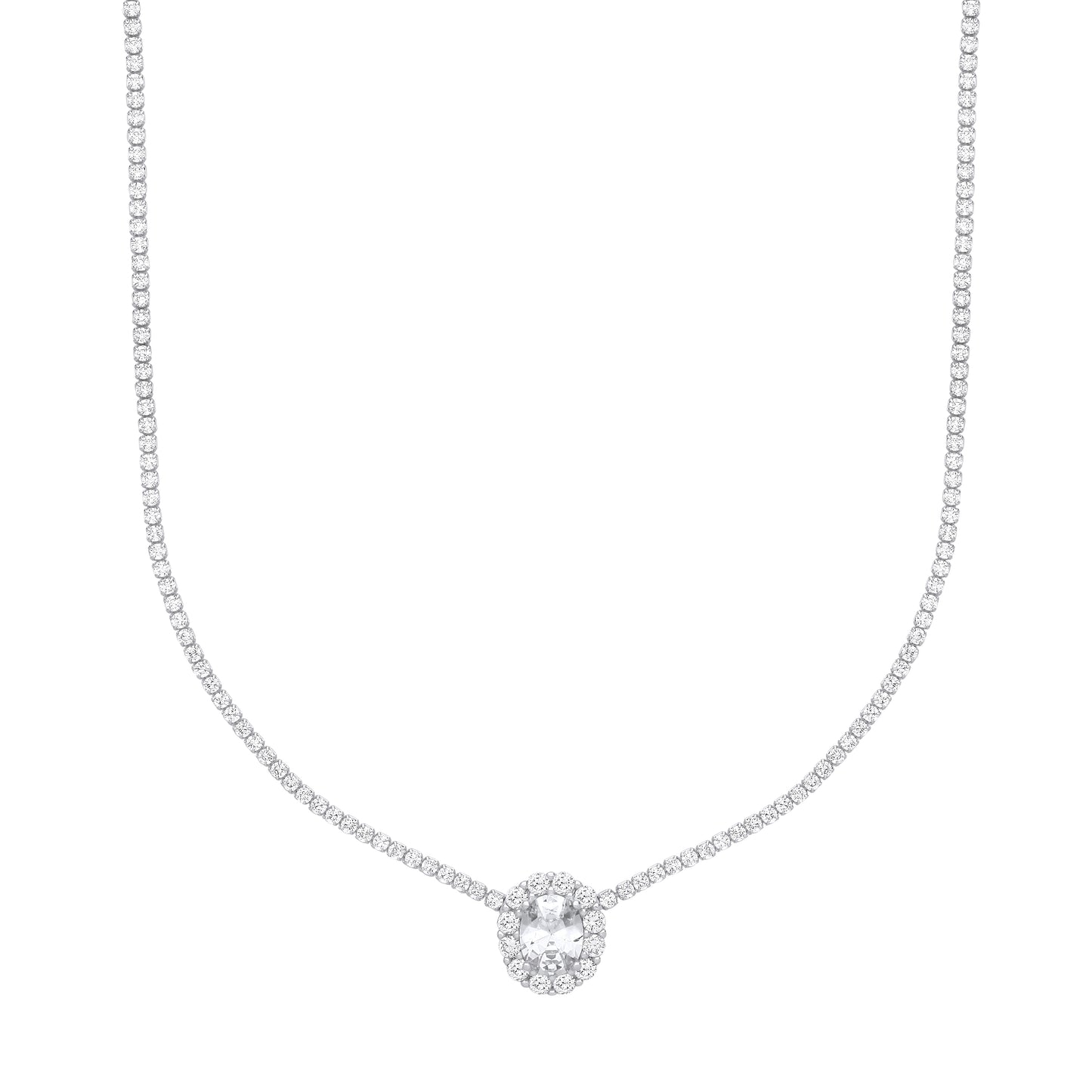 Silver  Oval Solitaire Halo Cluster Tennis Necklace - GVK401