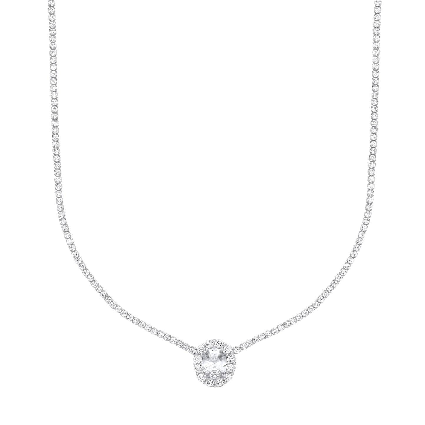 Silver  Oval CZ Oval Solitaire Halo Tennis Necklace 2mm 16" - GVK401