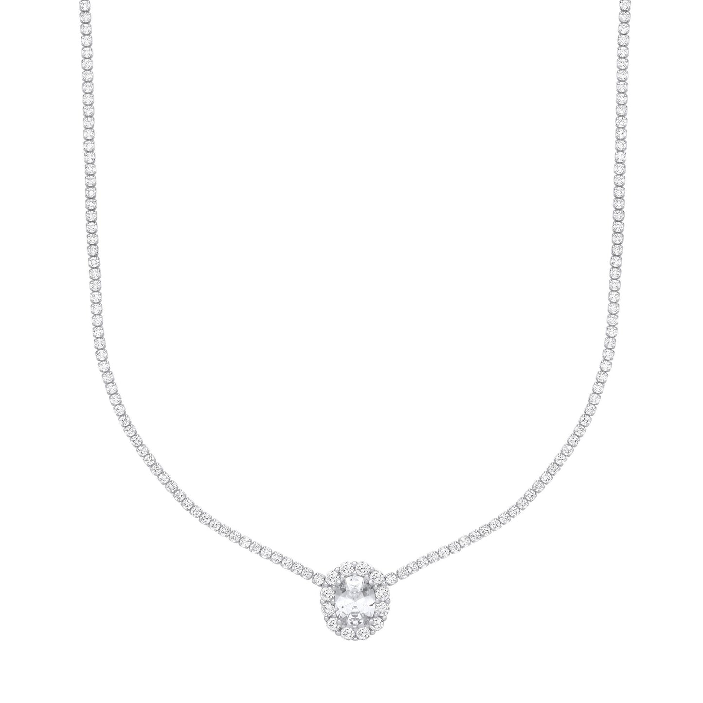 Silver  Oval CZ Oval Solitaire Halo Tennis Necklace 2mm 16" - GVK401