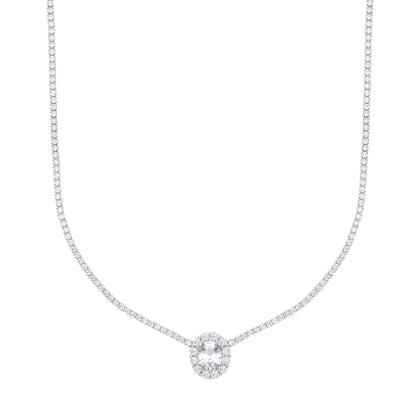 Silver  Oval CZ Oval Solitaire Halo Tennis Necklace 2mm 16" - GVK401