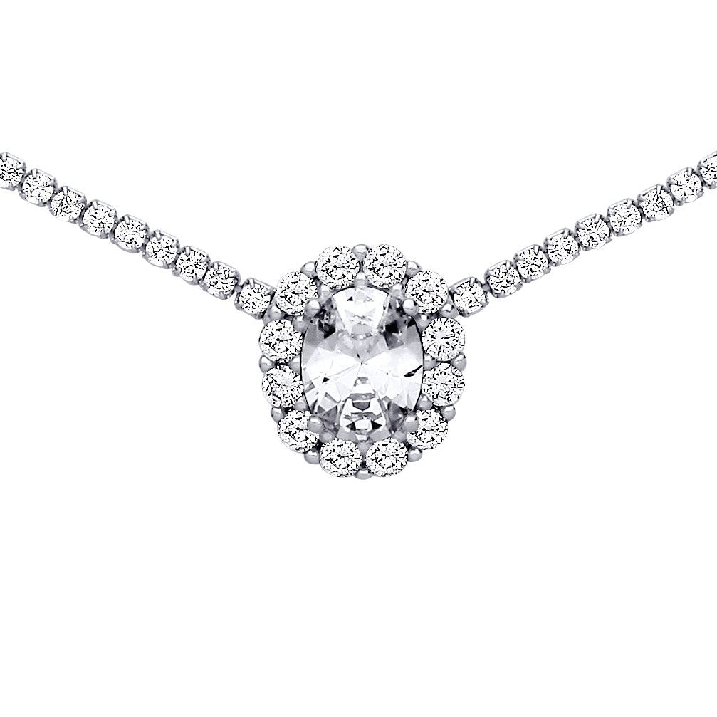 Silver  Oval Solitaire Halo Cluster Tennis Necklace - GVK401