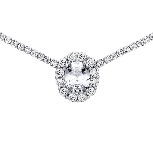 Silver Oval CZ Oval Solitaire Halo Tennis Necklace 2mm 16" - GVK401