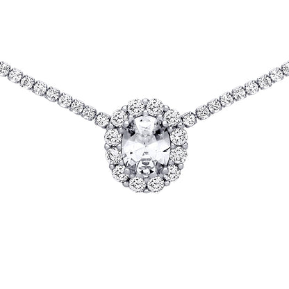 Silver  Oval CZ Oval Solitaire Halo Tennis Necklace 2mm 16" - GVK401