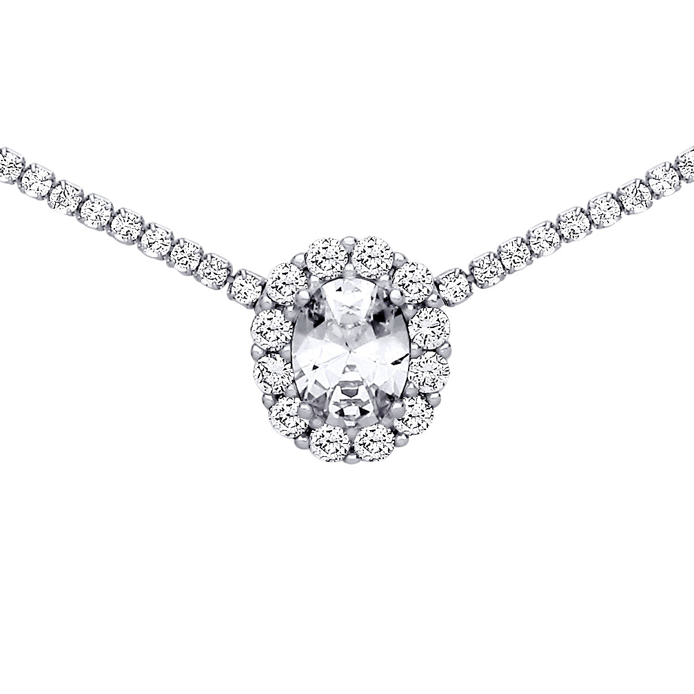 Silver  Oval CZ Oval Solitaire Halo Tennis Necklace 2mm 16" - GVK401