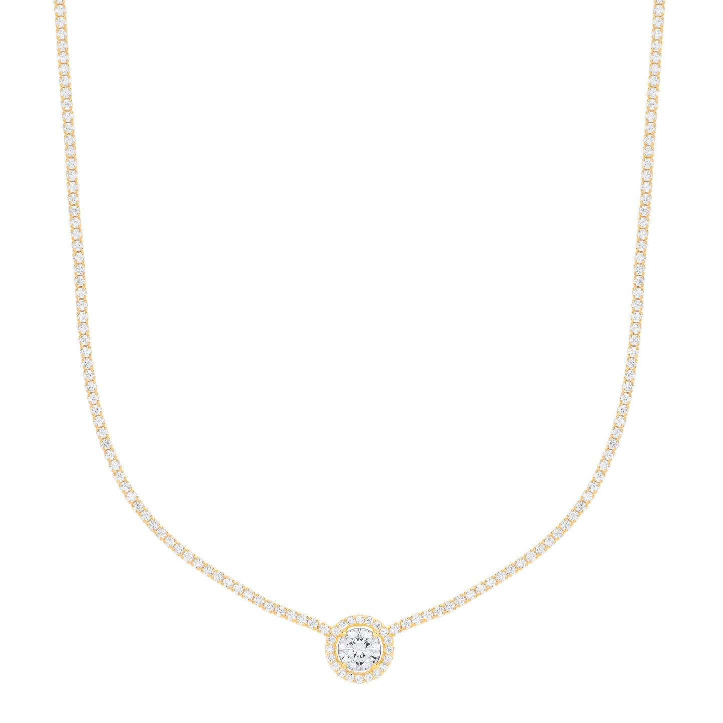 Gilded Silver  Round Solitaire Halo Cluster Tennis Necklace - GVK402