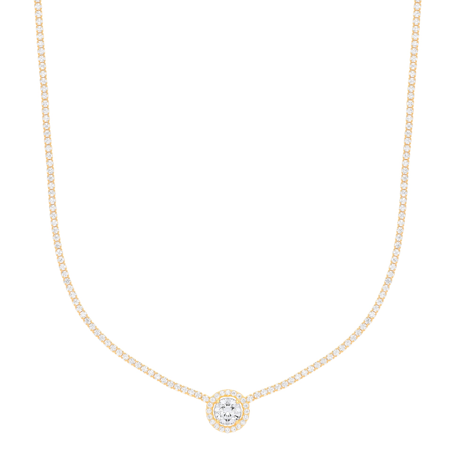 Gilded Silver  Round Solitaire Halo Cluster Tennis Necklace - GVK402