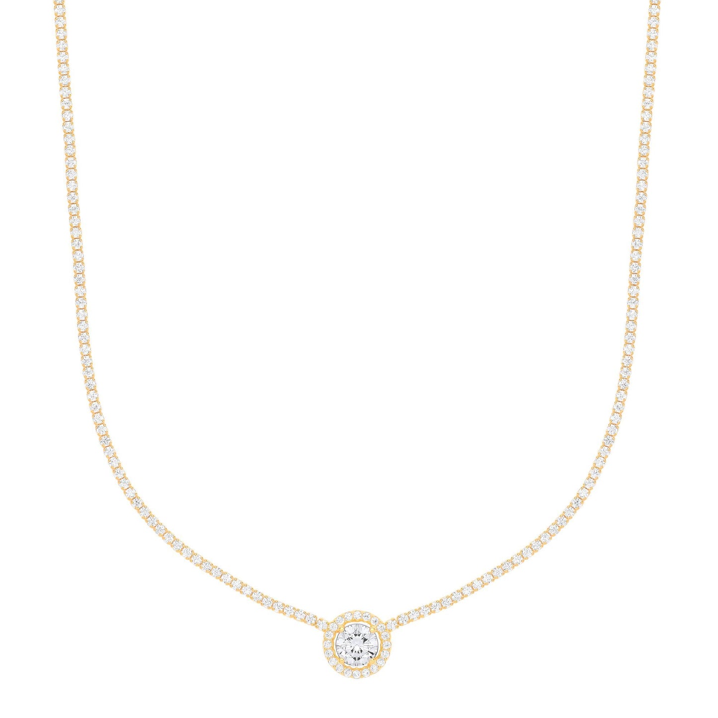 Gilded Silver  CZ Round Solitaire Halo Tennis Necklace 2mm 16" - GVK402