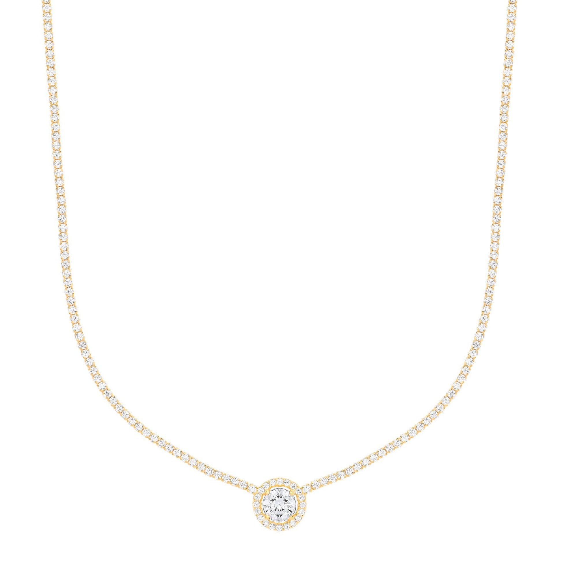 Gilded Silver  CZ Round Solitaire Halo Tennis Necklace 2mm 16" - GVK402