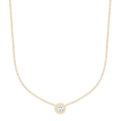 Gilded Silver  CZ Round Solitaire Halo Tennis Necklace 2mm 16" - GVK402