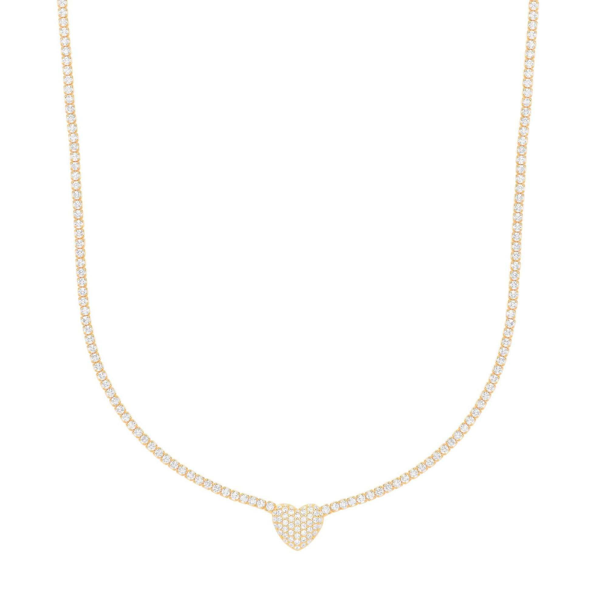 Gilded Silver  CZ Pave Encrusted Heart Tennis Necklace 2mm 14 + 2" - GVK403