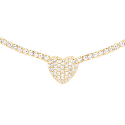 Gilded Silver  CZ Pave Encrusted Heart Tennis Necklace 2mm 14 + 2" - GVK403