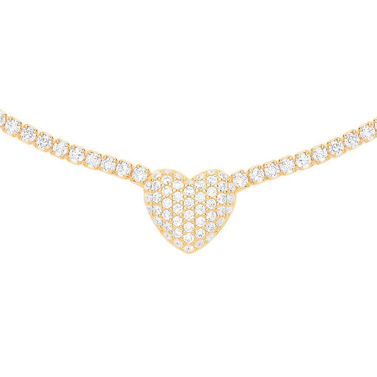 Gilded Silver  CZ Pave Encrusted Heart Tennis Necklace 2mm 14 + 2" - GVK403