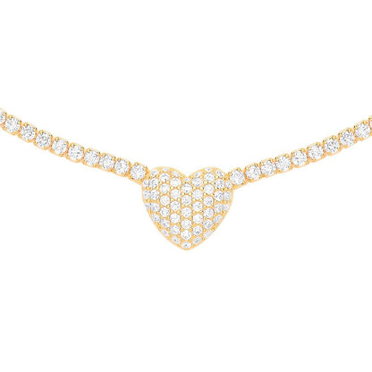 Gilded Silver  CZ Pave Encrusted Heart Tennis Necklace 2mm 14 + 2" - GVK403