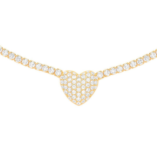 Gilded Silver  CZ Pave Encrusted Heart Tennis Necklace 2mm 14 + 2" - GVK403