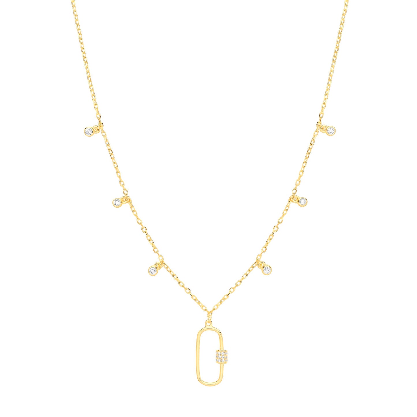 Gilded Silver  CZ Oval Carabiner Floating Charms Necklace 18" - GVK405