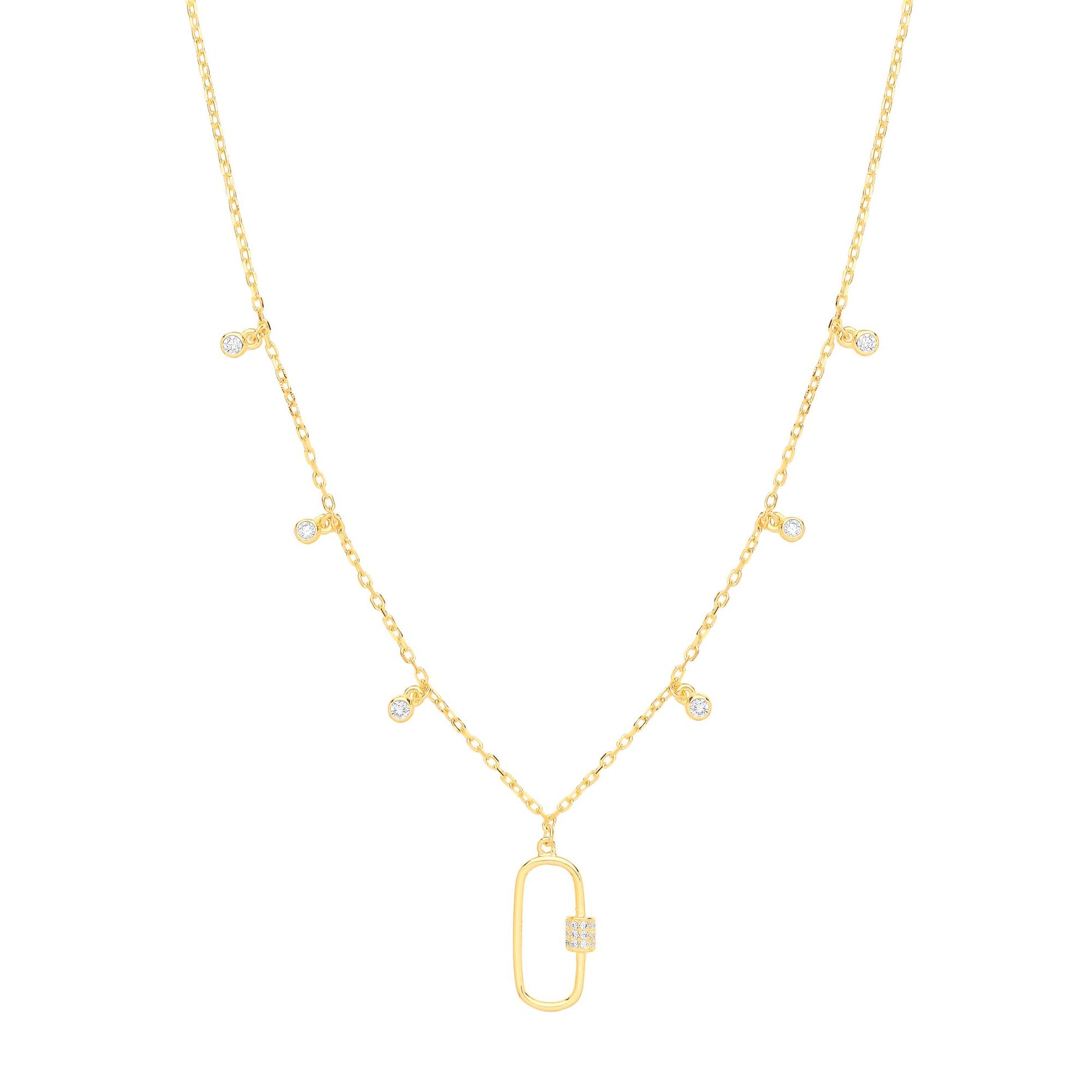 Gilded Silver  CZ Oval Carabiner Floating Charms Necklace 18" - GVK405