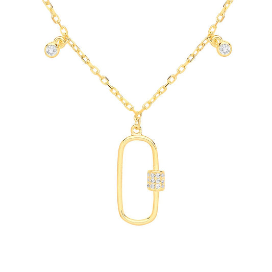 Gilded Silver  CZ Oval Carabiner Floating Charms Necklace 18" - GVK405