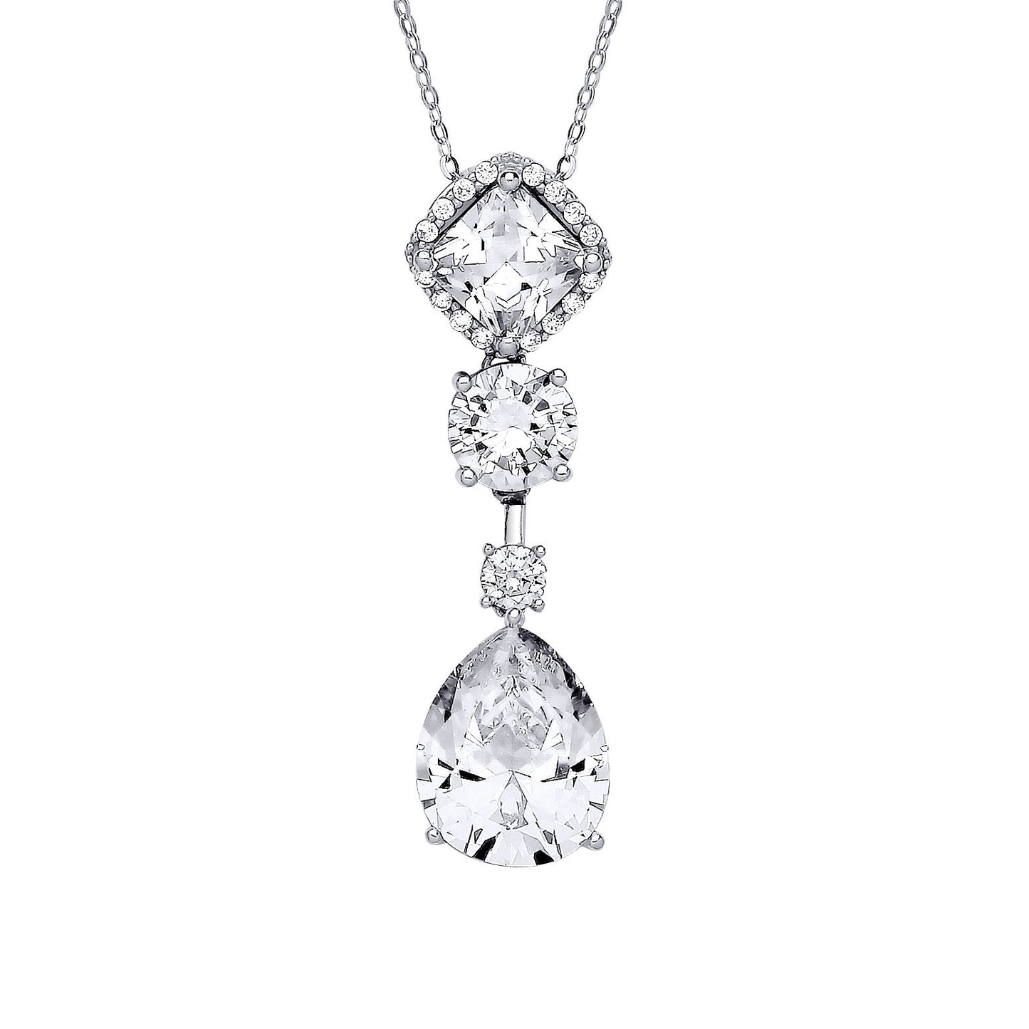 Silver  Pear Princess CZ Multi Shape Solitaire Necklace 18" - GVK408