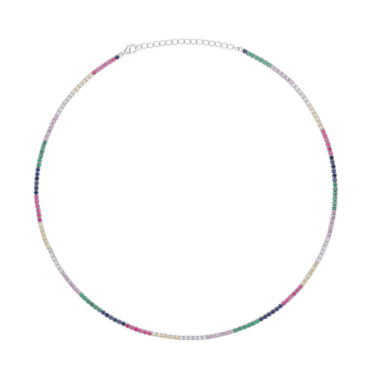 Silver  Rainbow CZ 4 Claw Rainbow Tennis Necklace 2mm 18" - GVK412
