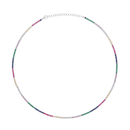 Silver  Rainbow CZ 4 Claw Rainbow Tennis Necklace 2mm 18" - GVK412