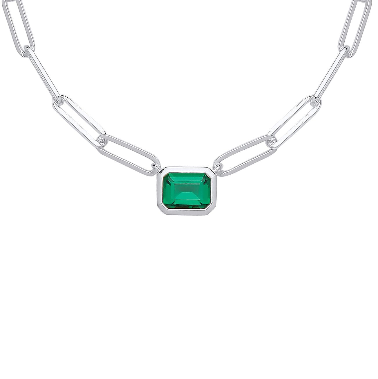 Silver  Green Emerald CZ Paperclip TV Bezel Shape Necklace 3mm 18" - GVK413