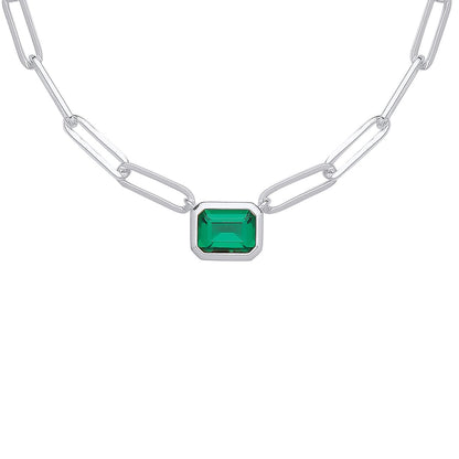 Silver  Green Emerald CZ Paperclip TV Bezel Shape Necklace 3mm 18" - GVK413