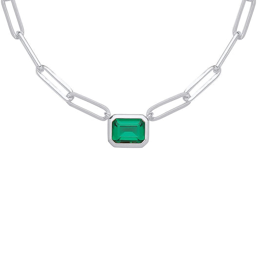 Silver  Green Emerald CZ Paperclip TV Bezel Shape Necklace 3mm 18" - GVK413