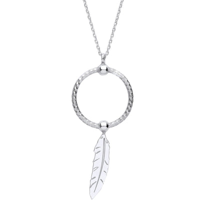 Silver  Snake Circle Angel Feather Leaf Pendant Necklace 16" - GVK416