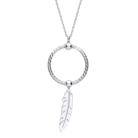 Silver  Snake Circle Angel Feather Leaf Pendant Necklace 16" - GVK416