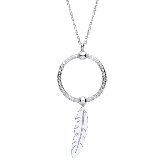 Silver  Snake Circle Angel Feather Leaf Pendant Necklace 16" - GVK416