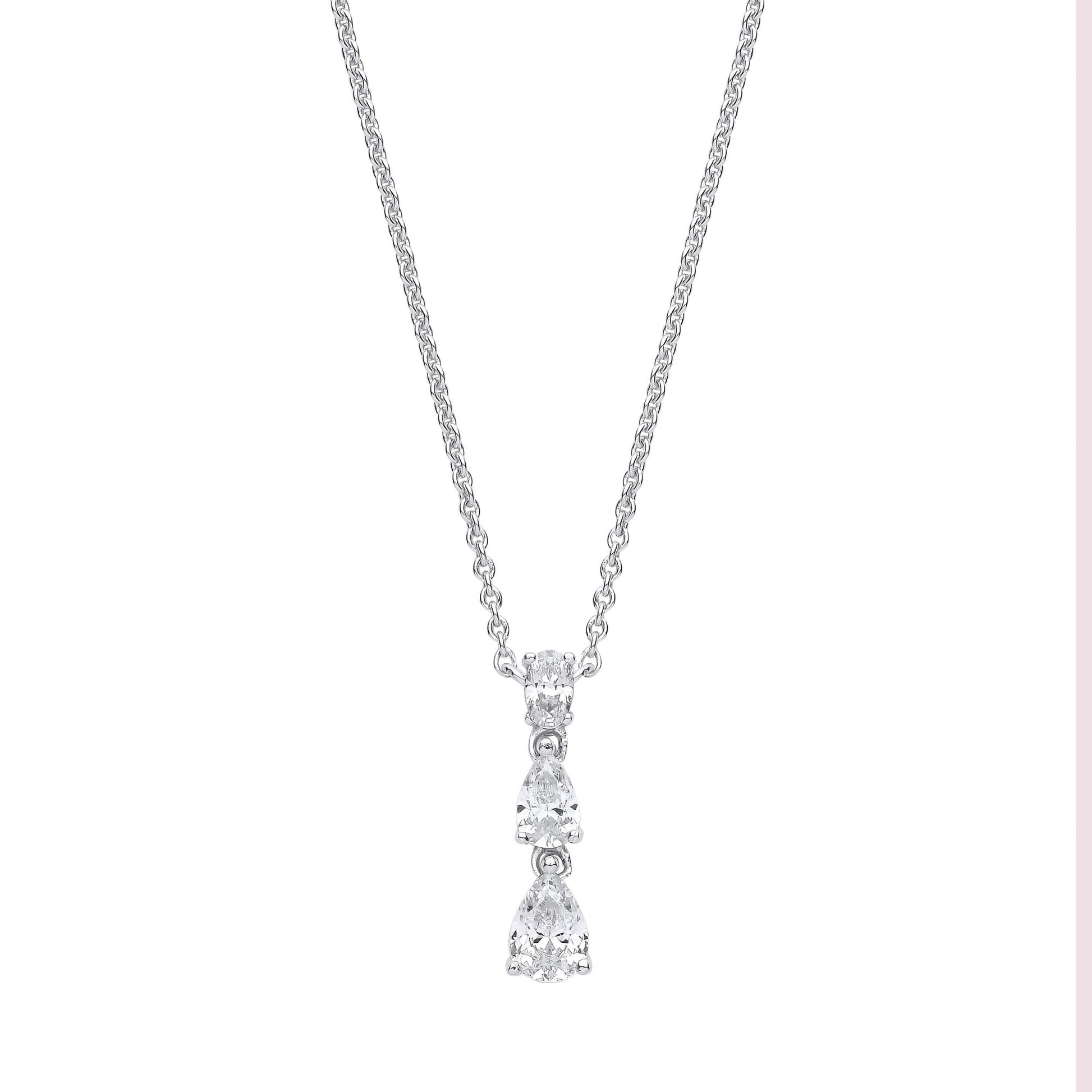 Silver  Pear Oval CZ Trilogy Raindrop Lavalier Necklace 16.5" - GVK419