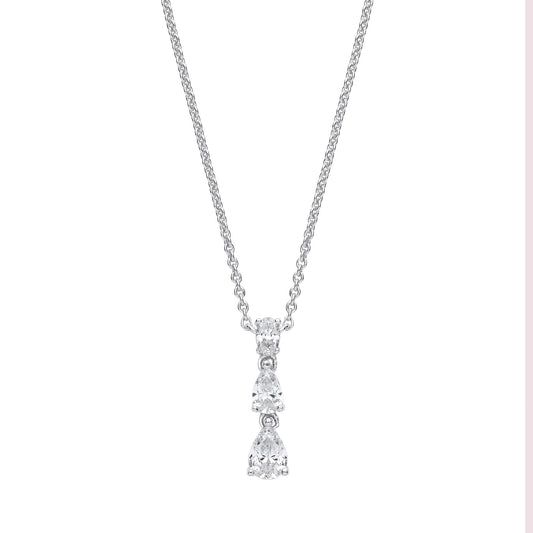 Silver  Pear Oval CZ Trilogy Raindrop Lavalier Necklace 16.5" - GVK419