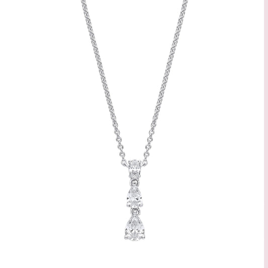 Silver  Pear Oval CZ Trilogy Raindrop Lavalier Necklace 16.5" - GVK419