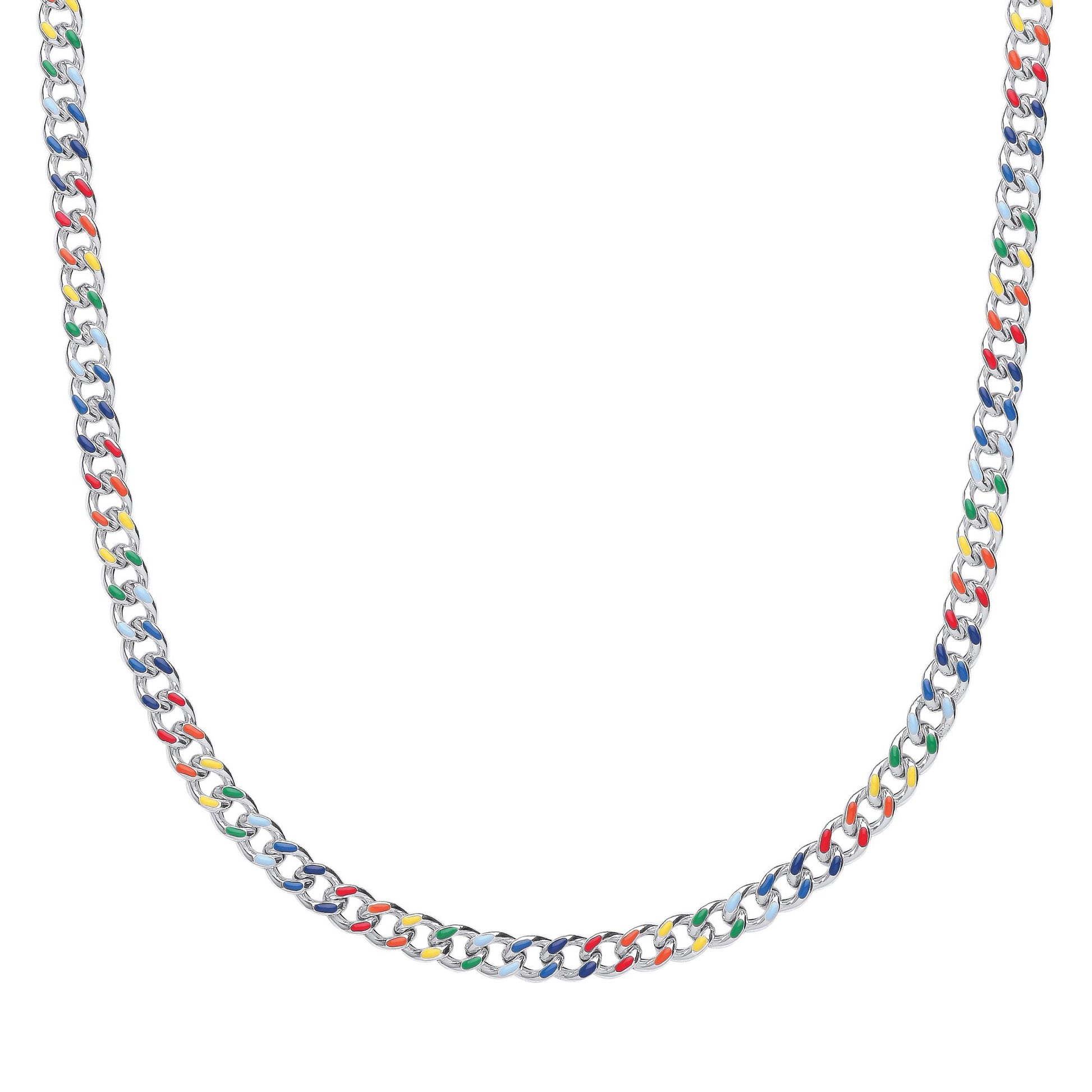 Unisex Silver  Rainbow Enamel Hollow Curb Chain Necklace 5mm 16+2" - GVK422