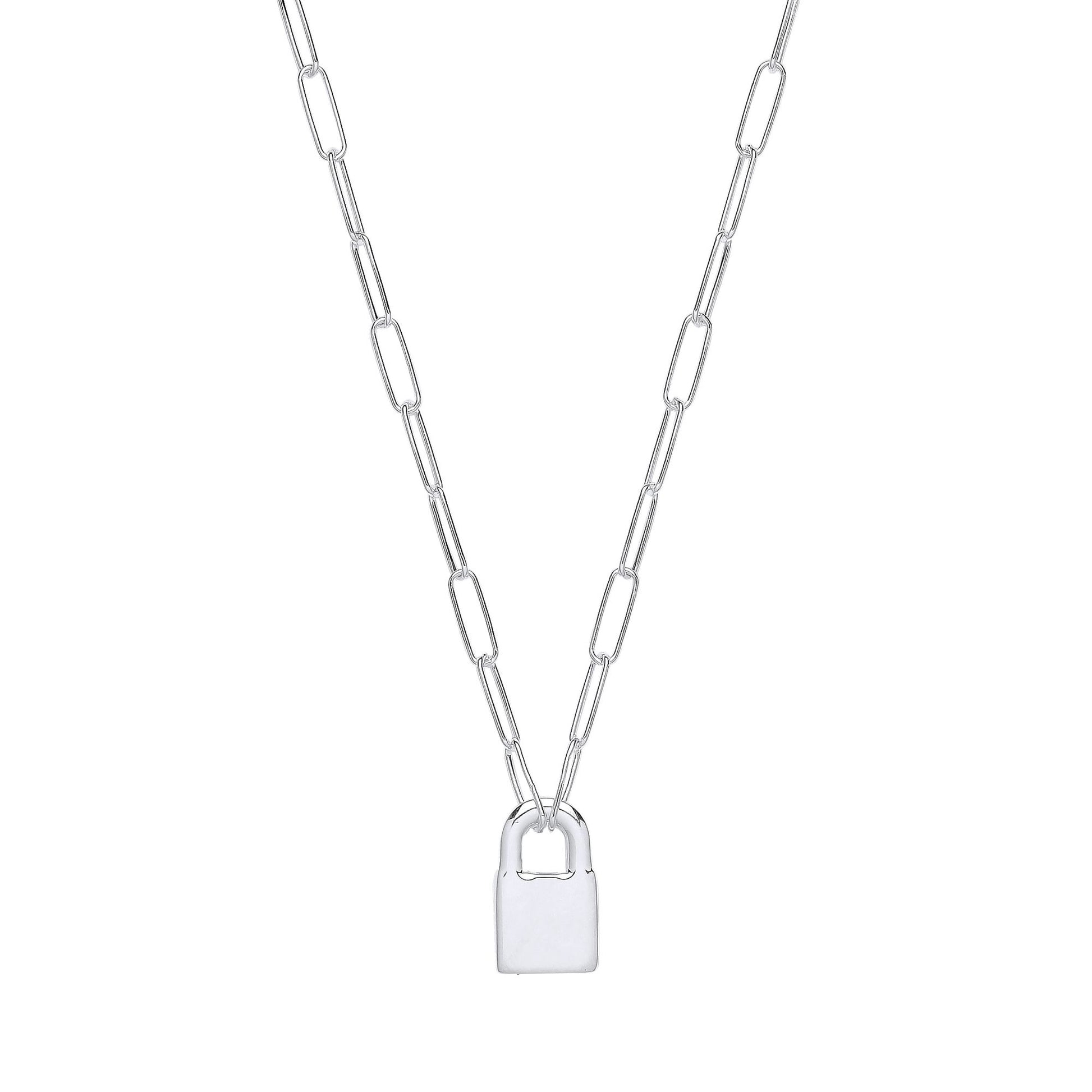 Silver  Paperclip Chain Padlock Pendant Necklace 3mm 16 + 2 inch - GVK423