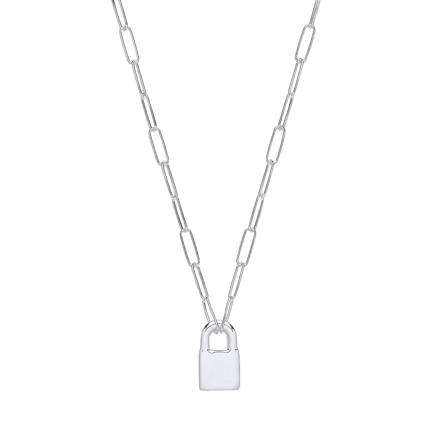 Silver  Paperclip Chain Padlock Pendant Necklace 3mm 16 + 2 inch - GVK423