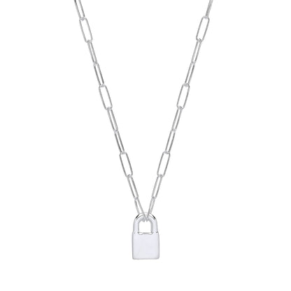 Silver  Paperclip Chain Padlock Pendant Necklace 3mm 16 + 2 inch - GVK423